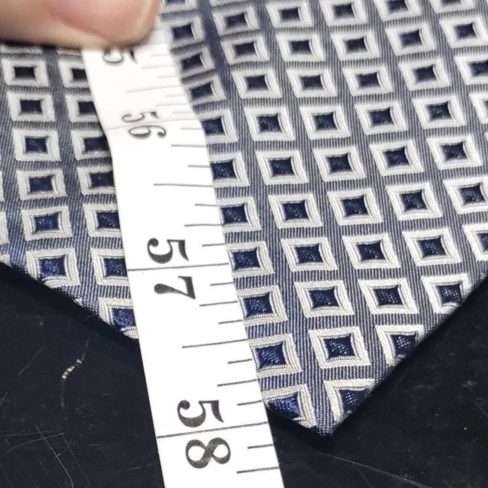 Roberto Villini Collezione Blue Silver Geometric Square Silk Hand Made Necktie